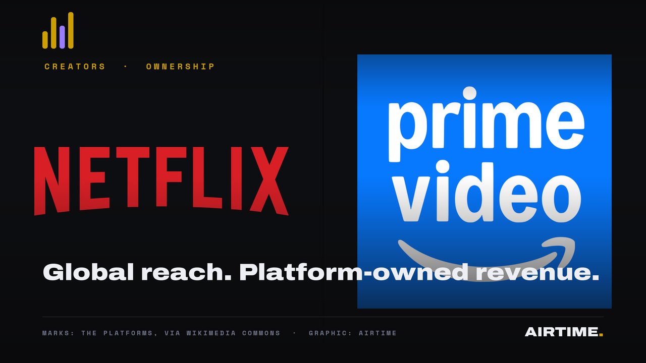 Official Netflix and Prime Video marks on dark tiles: the platforms where African content earns