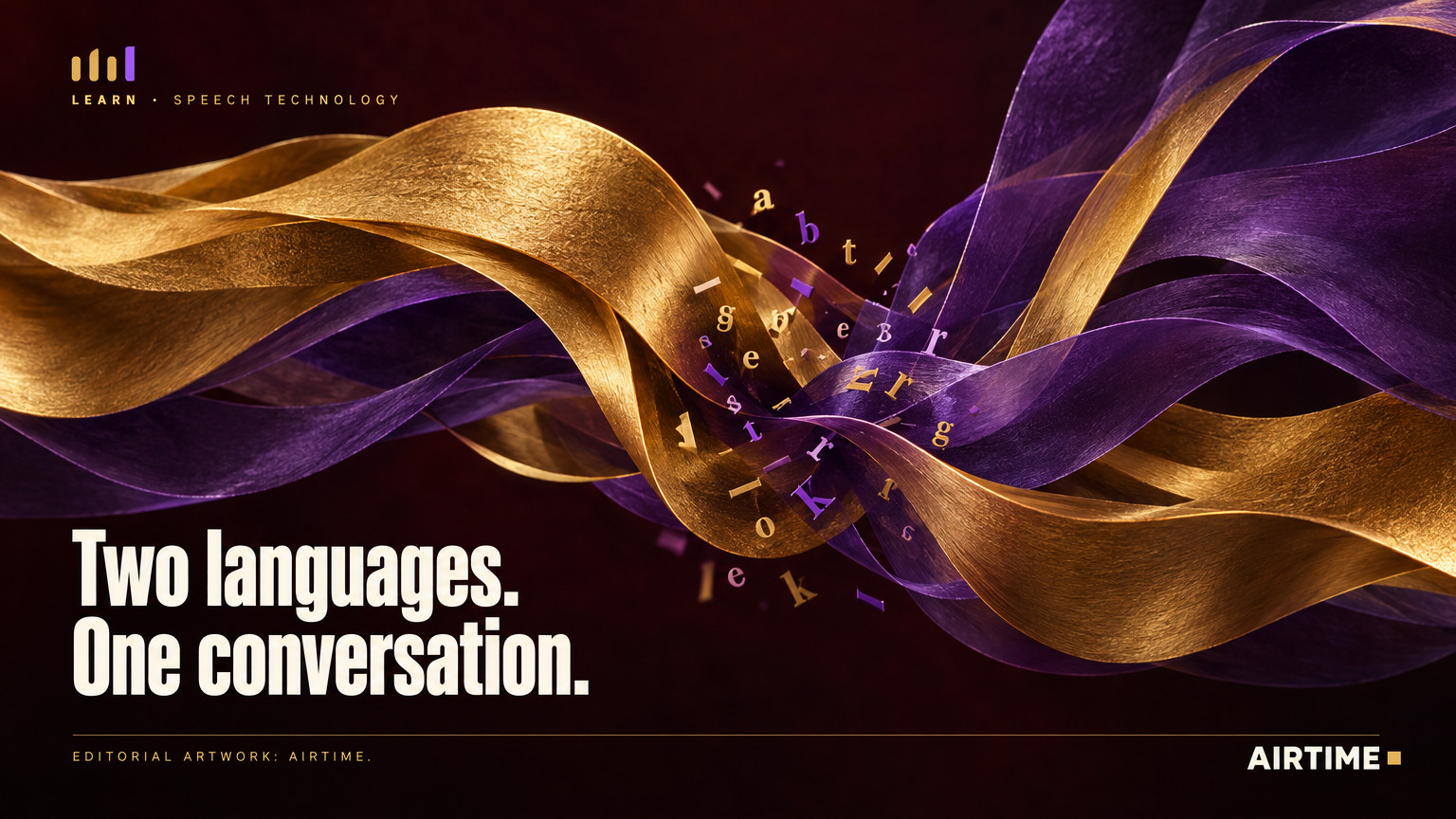 Conceptual gold and violet speech ribbons with scattered letterforms