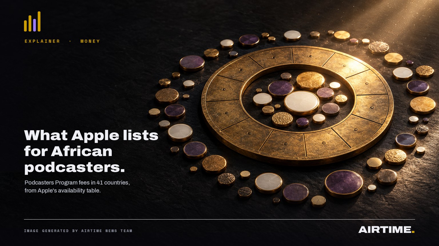 Conceptual artwork: rows of blank gold and violet enamel tokens around a brass annual dial, an illustration of a yearly membership fee rather than an Apple image