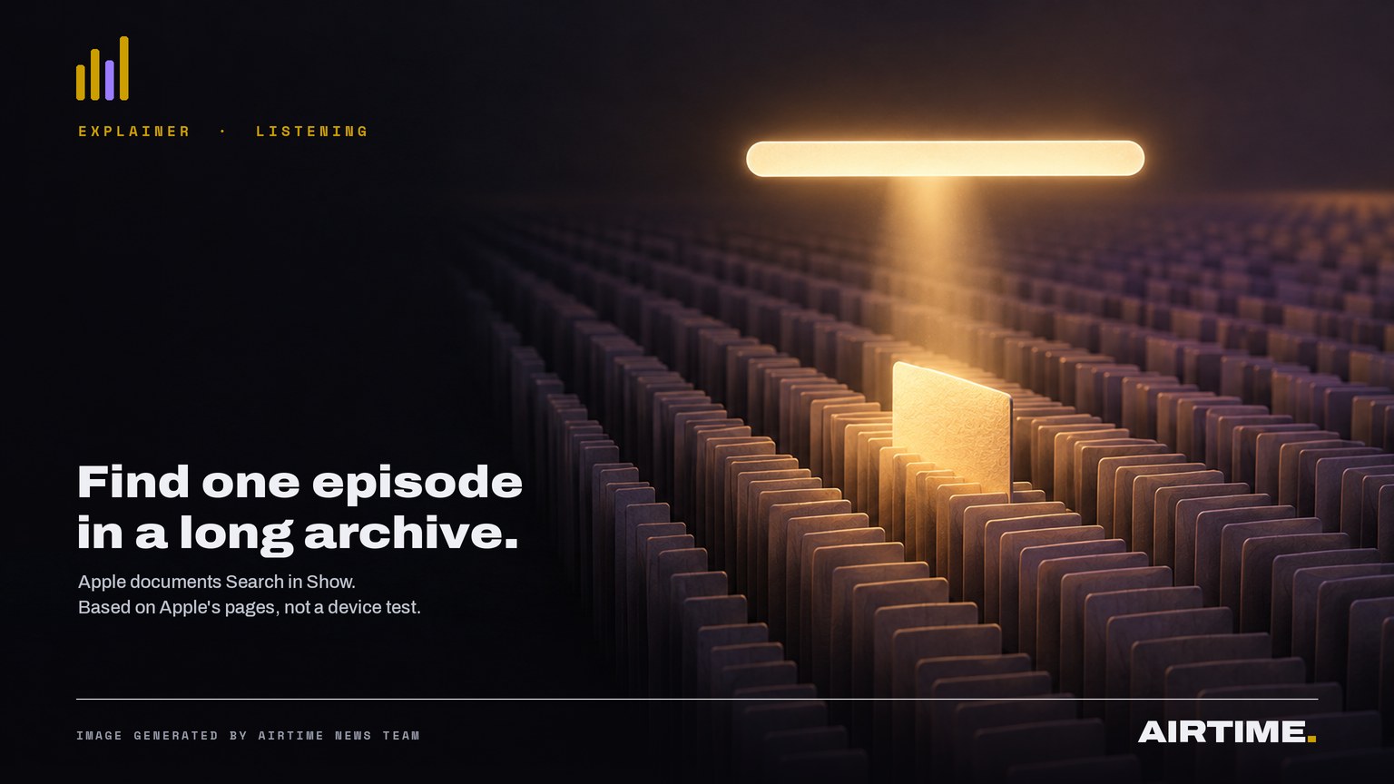 Conceptual artwork: a long archive of blank episode cards with a glowing search field picking out a single card, an illustration rather than an Apple screenshot