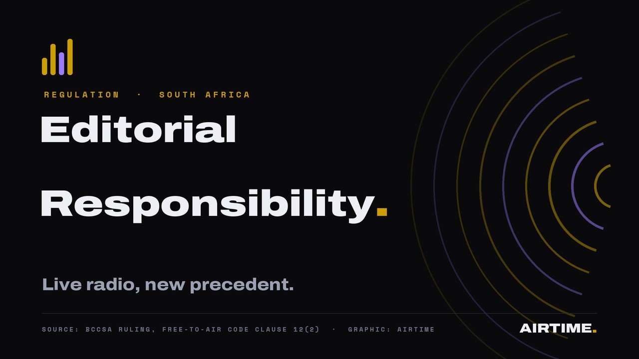 Airtime graphic: the BCCSA upheld a complaint over editorial responsibility during a live SAfm interview, under Clause 12(2) of the Free-to-Air Code