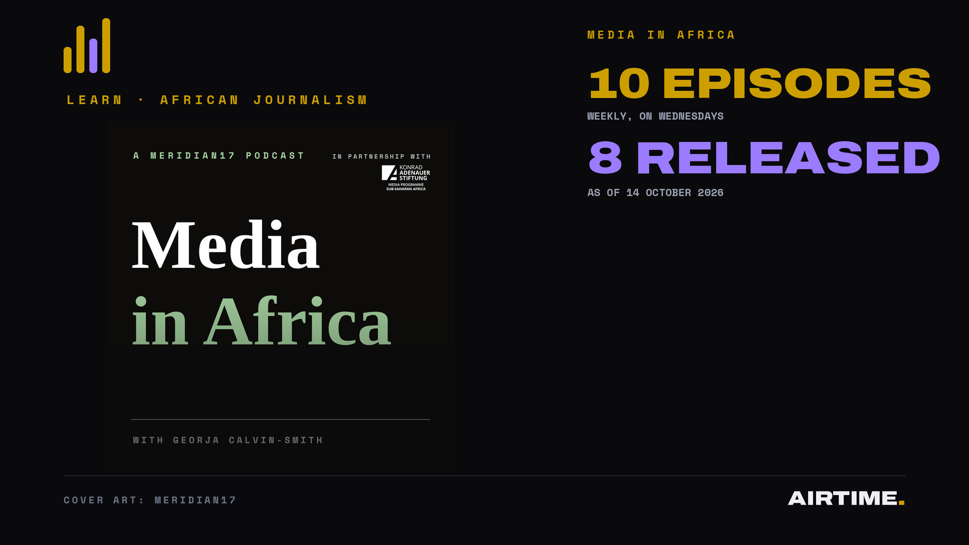 The Media in Africa podcast cover, reading A Meridian17 podcast in partnership with Konrad Adenauer Stiftung, with Georja Calvin-Smith, beside an Airtime panel noting ten episodes, eight released as of 14 October 2026.