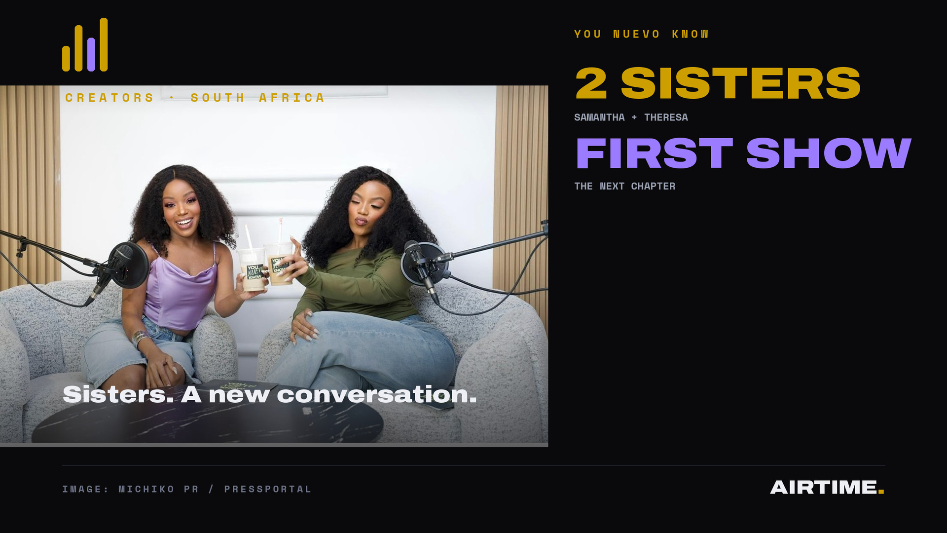 Samantha and Theresa Malinga in their You Nuevo Know launch image, alongside an Airtime editorial panel.