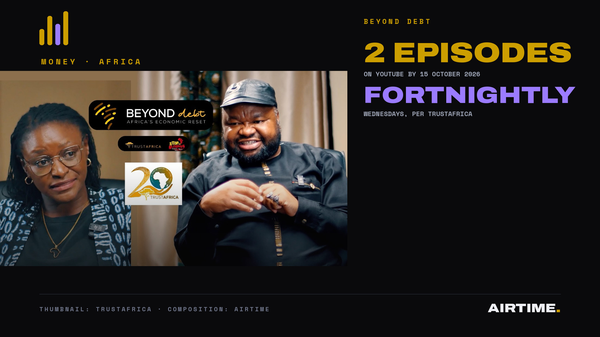 TrustAfrica's thumbnail for the first Beyond Debt episode, showing two people in conversation beside the Beyond Debt, TrustAfrica and Stop the Bleeding logos, next to an Airtime panel noting two episodes on YouTube by 15 October 2026.